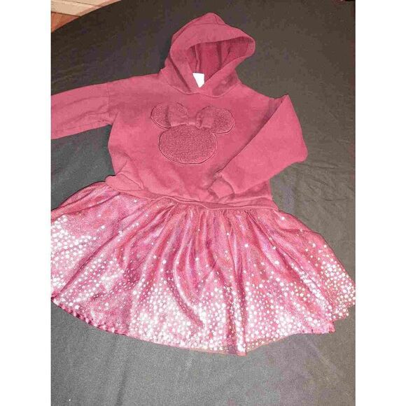Girls 5T Disney Jr Minnie Mouse Burgandy Silver Metallic Stars Hooded Dress - Picture 3 of 5